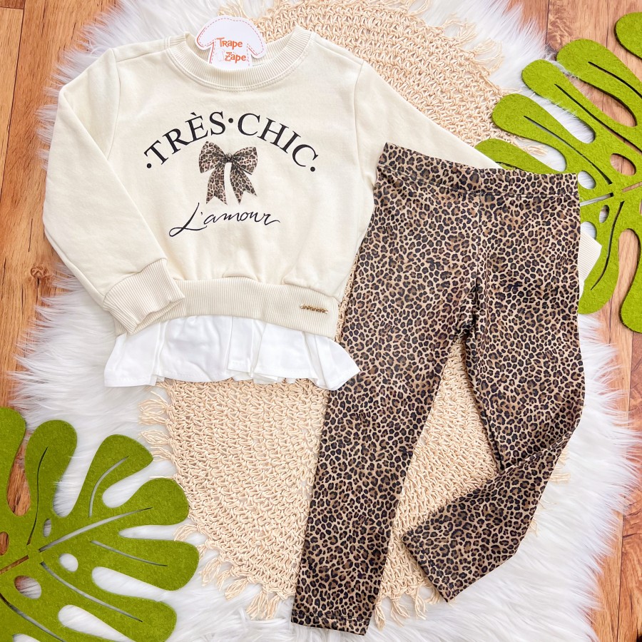 Conj. Casaco de Moletom Très Chic e Calça Legging Oncinha - Areia